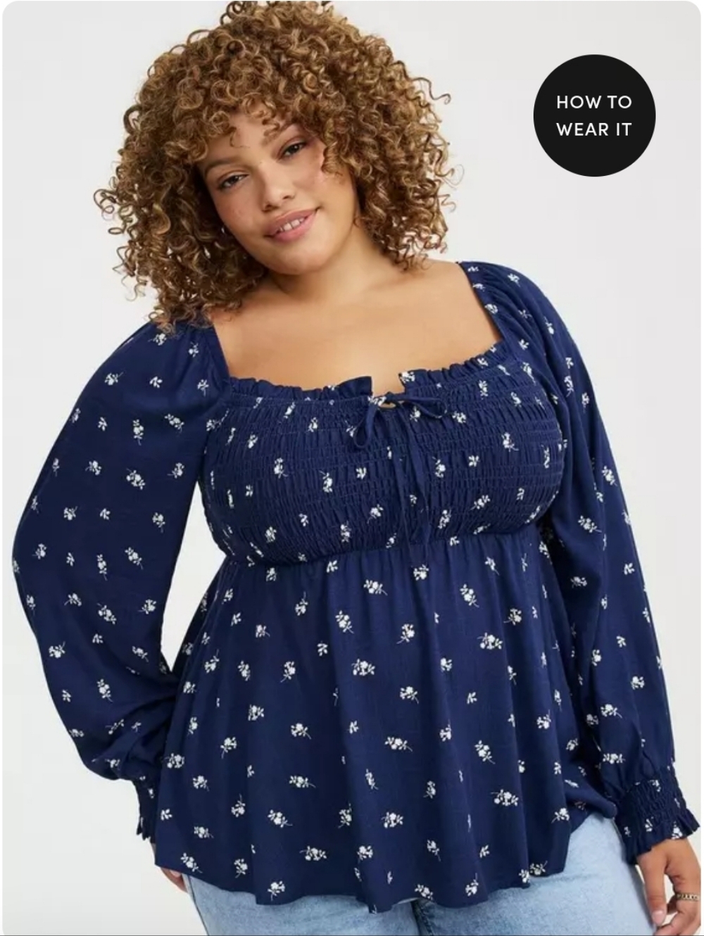 Torrid Navy Floral Smocked Square-Neck Babydoll Top